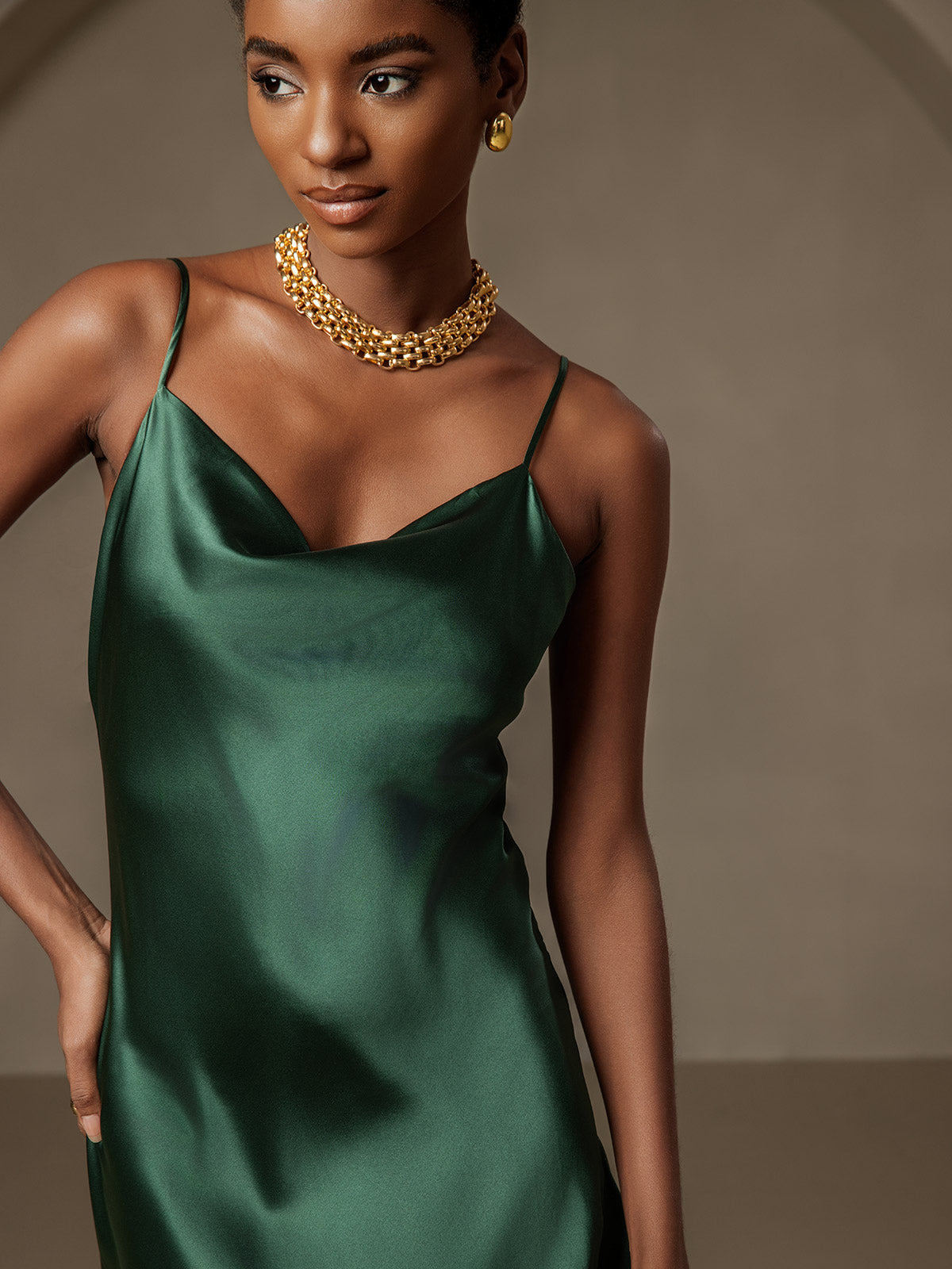 [أخضر غامق] SilkSilky-SA 19Momme الحرير الخالص فتحة عنق بثنيات ملفوفة فساتين نسائية 003