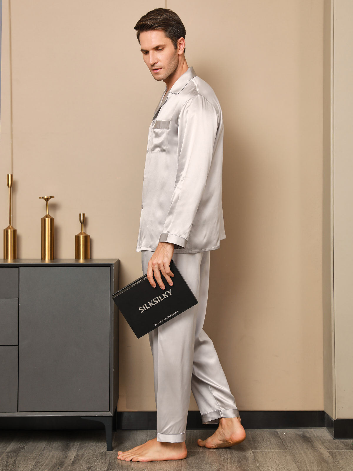 [رمادي] SilkSilky-SA 19Momme الحرير الخالص Mens Pajamas 003