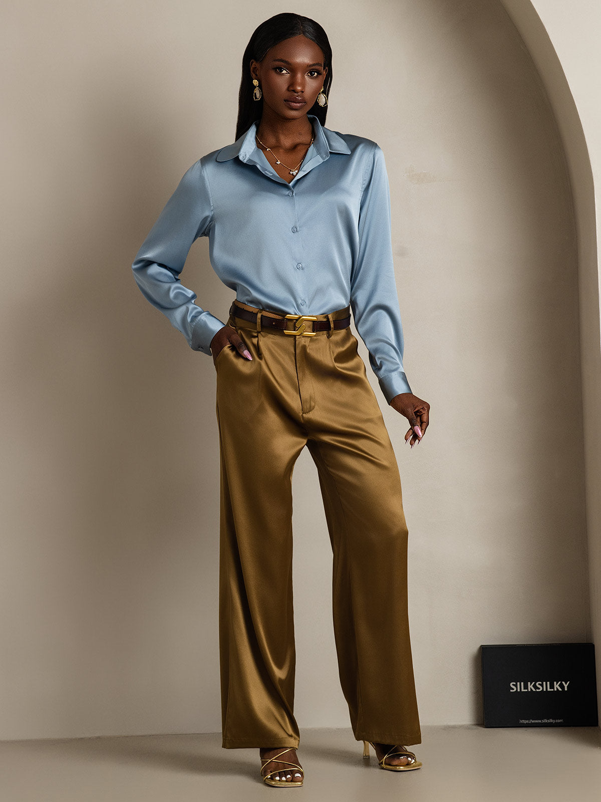 [أزرق رمادي] SilkSilky-SA الحرير Lapel Collar بلايز نسائية 007