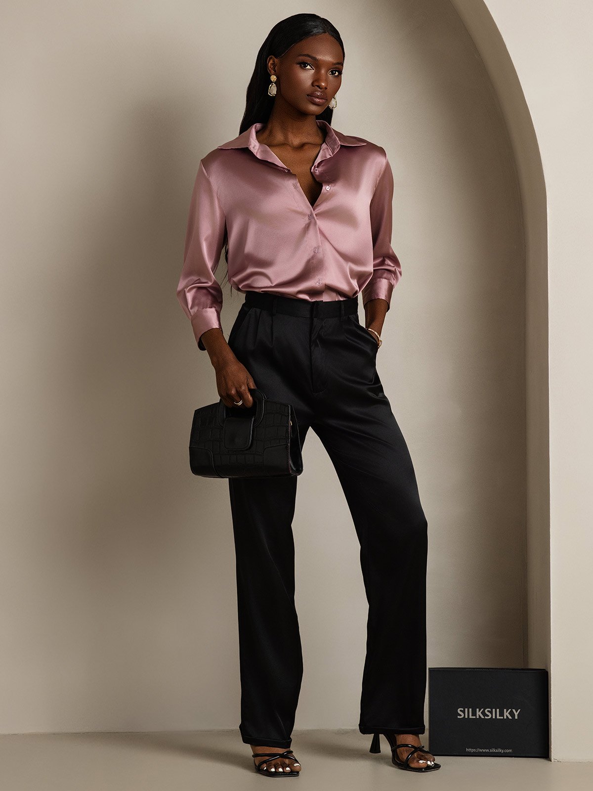 [الوردي الأرجواني] SilkSilky-SA 19Momme الحرير الأكمام الطويلة Lapel Collar بلايز نسائية 007