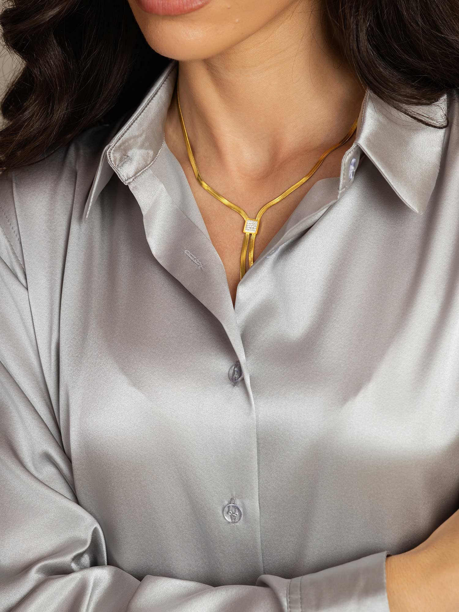 [رمادي فاتح] SilkSilky-SA الحرير Lapel Collar بلايز نسائية 006