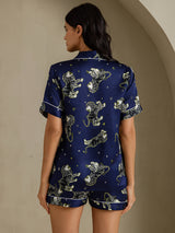 [أسد أزرق داكن] SilkSilky-SA Short Sleeve Notch Collar طقم بيجامة نسائي 002