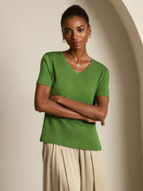 [أخضر] SilkSilky-SA Short Sleeve V Neck تي شيرت نسائية 007