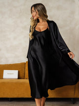 [أسود] SilkSilky-SA Long Sleeve V Neck رداء الحمام وقميص النوم 005