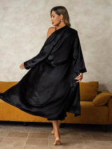[أسود] SilkSilky-SA Long Sleeve V Neck رداء الحمام وقميص النوم 002