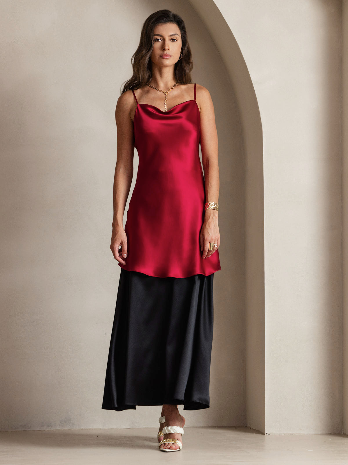 [خمر] SilkSilky-SA الحرير الخالص فتحة عنق بثنيات ملفوفة فساتين نسائية 007