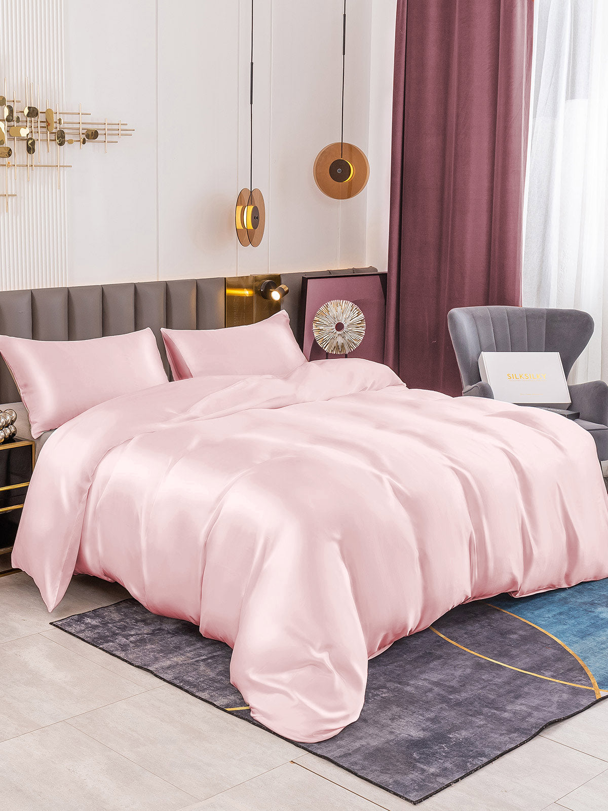 SilkSilky SA 19Momme الحرير الخالص Bedding Set لونالقرنفل 001