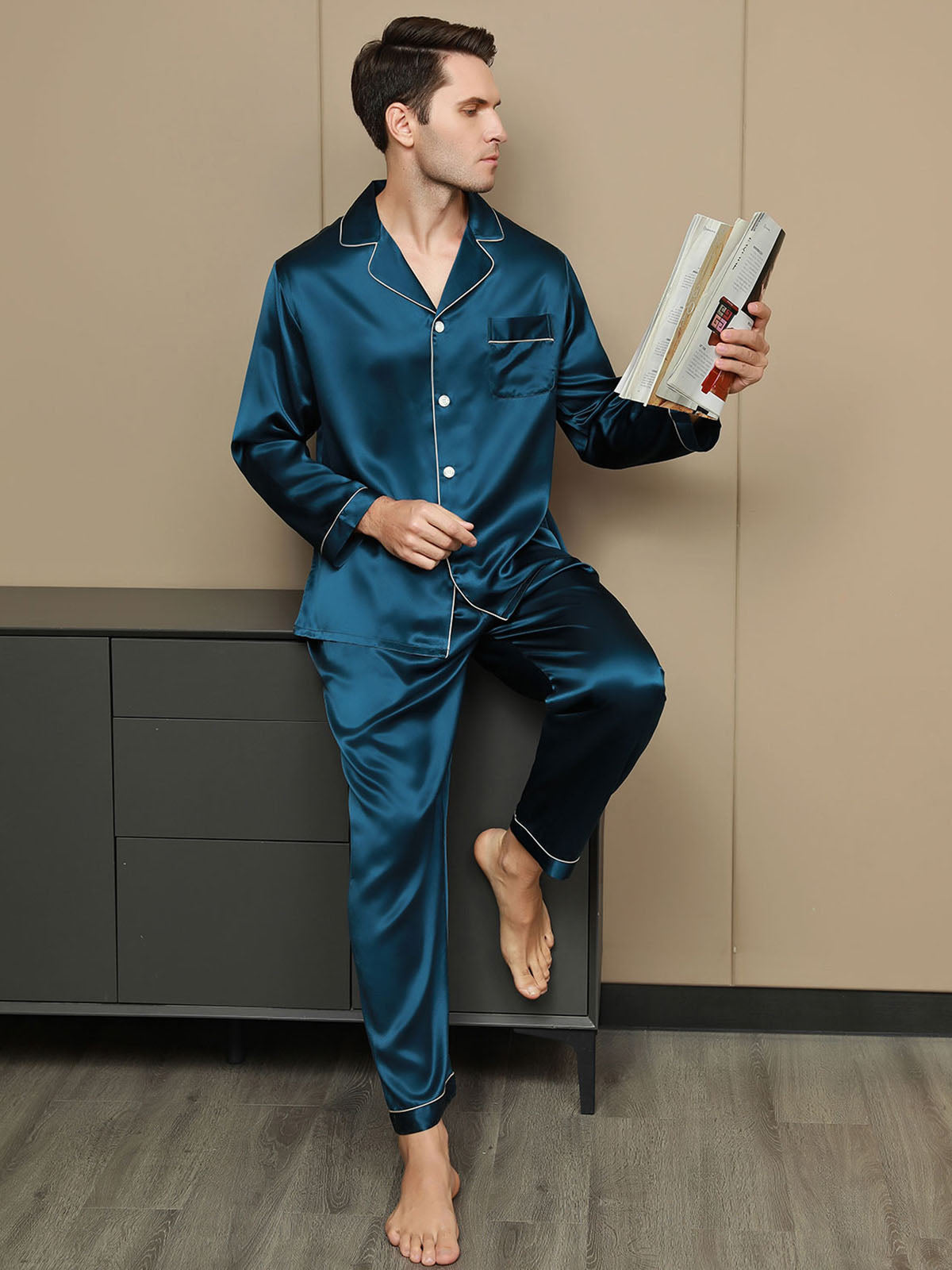 [المياه الخضراء] SilkSilky-SA 19Momme الحرير الخالص Mens Pajamas 001