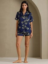 [أسد أزرق داكن] SilkSilky-SA Short Sleeve Notch Collar طقم بيجامة نسائي 007