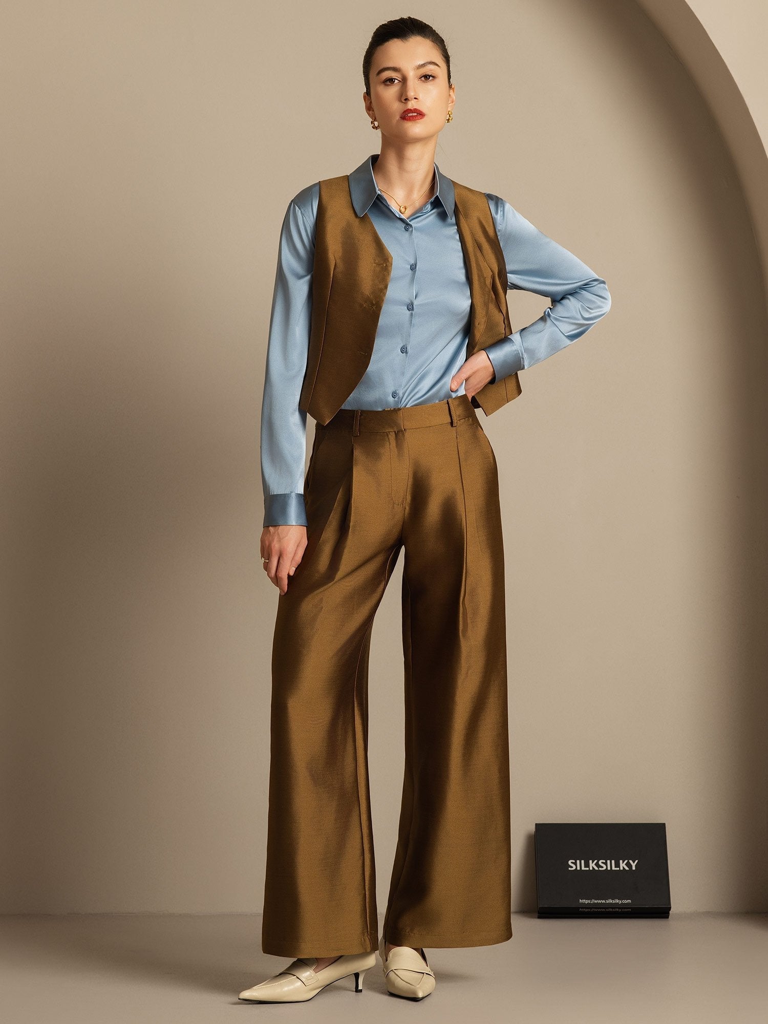 [برونزي] SilkSilky-SA 32Momme الحرير رقبة على شكل حرف V سترة نسائية 008,