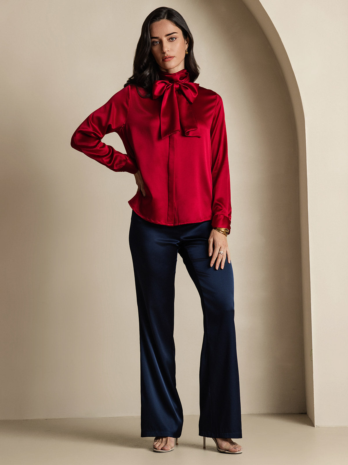 [خمر] SilkSilky-SA 19Momme الحرير الأكمام الطويلة تعادل الرقبة بلوزة 007