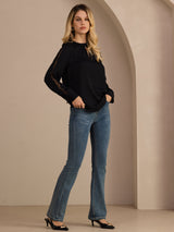 [أسود] SilkSilky-SA Long Sleeve Keyhole Neck بلوزات نسائية 007