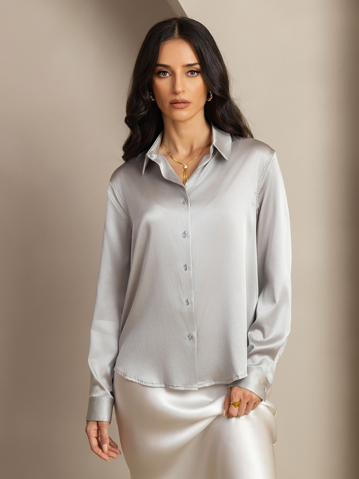 [رمادي فاتح] SilkSilky-SA الحرير Lapel Collar بلايز نسائية 001