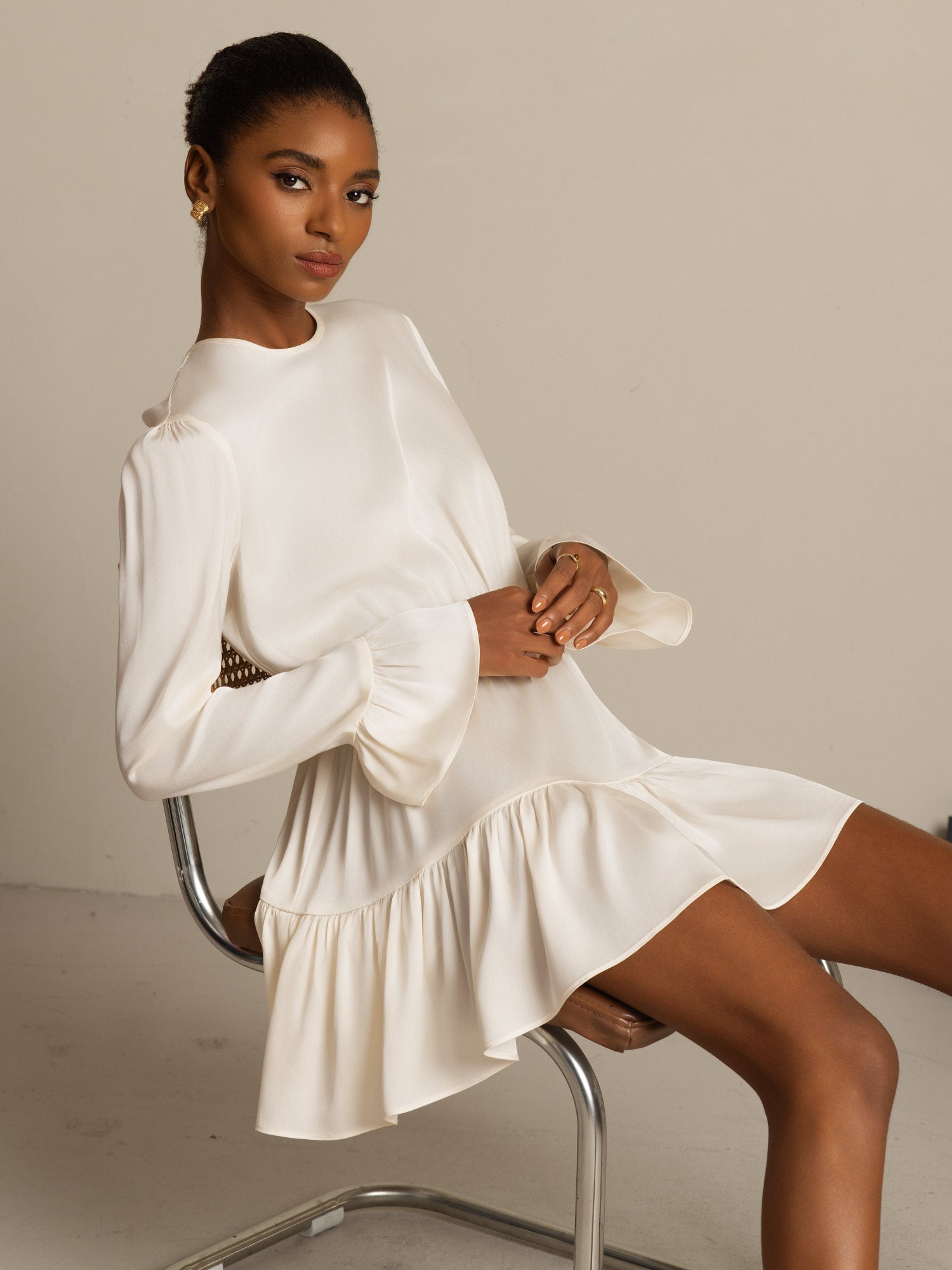 [لؤلؤة البحر] SilkSilky-SA 19Momme الحرير الأكمام الطويلة رقبة مستديرة فساتين نسائية 007