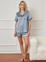 [الأزرق الصلب] SilkSilky-SA Short Sleeve Lapel Collar طقم بيجامة نسائي 003