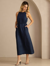 [أزرق غامق] SilkSilky-SA Sleeveless Crew Neck فساتين نسائية 003