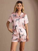 [حمار وحشي وردي] SilkSilky-SA Short Sleeve Lapel Collar طقم بيجامة نسائي 001
