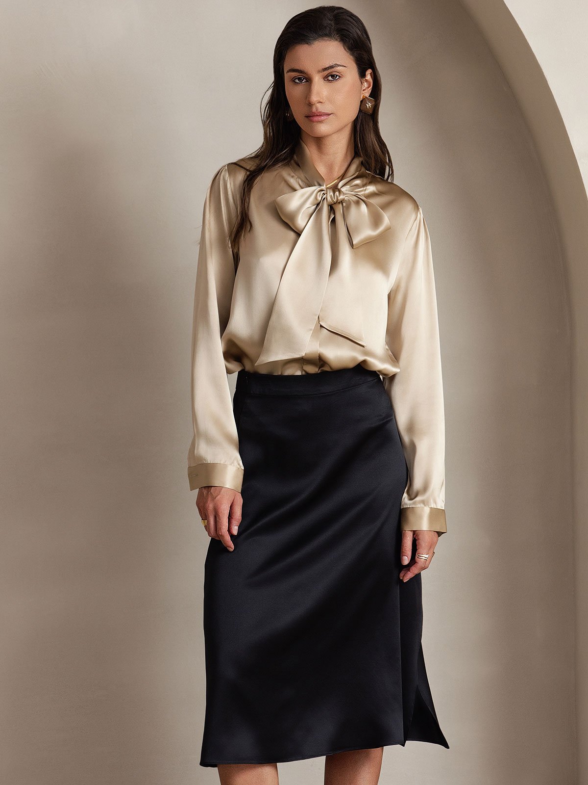 [شامبانيا] SilkSilky-SA 19Momme الحرير الأكمام الطويلة Blouse 005