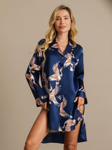 [أزرق غامق] SilkSilky-SA 19Momme الأكمام الطويلة طوق ذو فتحة باس النوم 006