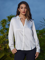 [أبيض] SilkSilky-SA Long Sleeve Lapel Collar بلايز نسائية 005