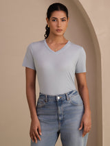 [أزرق رمادي] SilkSilky-SA Short Sleeve V Neck تي شيرت نسائية 003