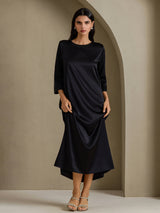 [أسود] SilkSilky-SA 3/4 Sleeve Round Neck فساتين نسائية 004