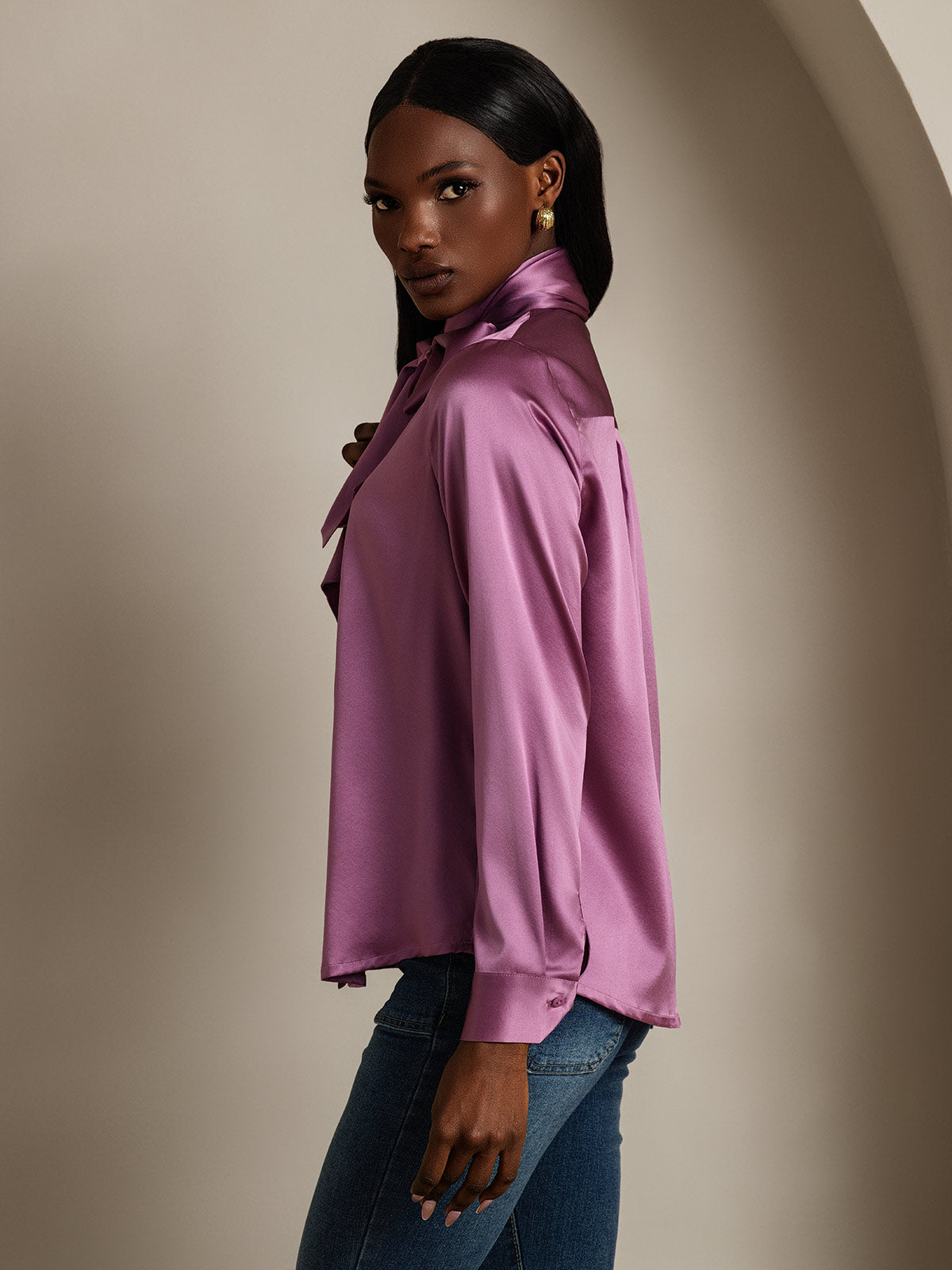 [الأرجواني الداكن] SilkSilky-SA 19Momme الحرير الأكمام الطويلة تعادل الرقبة بلوزة 004