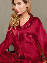 [خمر] SilkSilky-SA Long Sleeve Lapel Collar طقم بيجامة نسائي 009