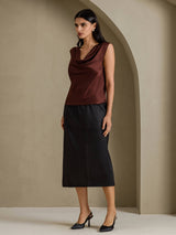 [شوكولاتة داكنة] SilkSilky-SA Cap Sleeve Cowl Neck تي شيرت نسائية 006