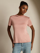 [لون القرنفل] SilkSilky-SA 100% Silk Jersey Short Sleeve ياقة نصف عالية تي شيرت نسائية 008