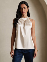 [اللون البيج] SilkSilky-SA Sleeveless Halter تي شيرت نسائية 003