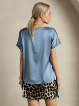 [أزرق رمادي] SilkSilky-SA Short Sleeve Boat Neck تي شيرت نسائية 002