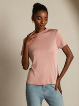 [لون القرنفل] SilkSilky-SA 100% Silk Jersey Short Sleeve ياقة نصف عالية تي شيرت نسائية 005