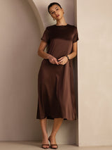 [شوكولاتة داكنة] SilkSilky-SA Short Sleeve Round Neck فساتين نسائية 003