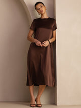 [شوكولاتة داكنة] SilkSilky-SA Short Sleeve Crew Neck فساتين نسائية 003