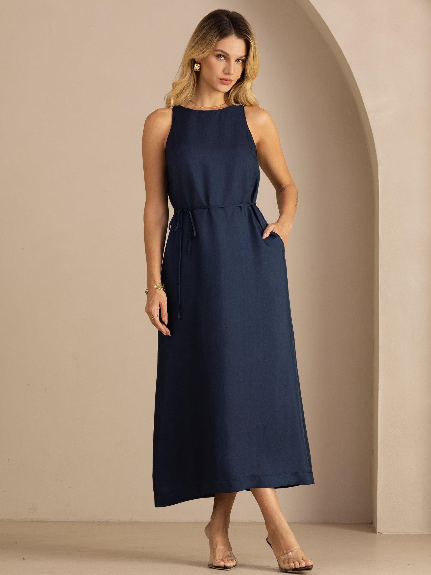 [أزرق غامق] SilkSilky-SA Sleeveless Crew Neck فساتين نسائية 001