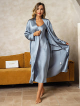 [أزرق رمادي] SilkSilky-SA Long Sleeve V Neck رداء الحمام وقميص النوم 006