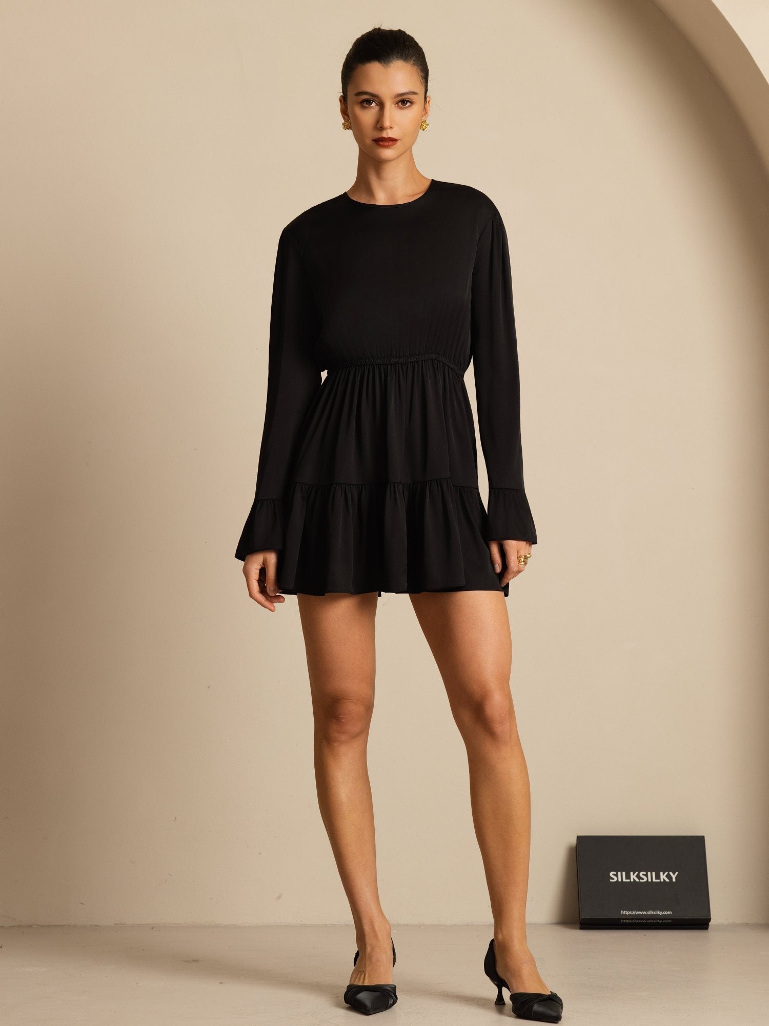 [أسود] SilkSilky-SA 19Momme الحرير الأكمام الطويلة رقبة مستديرة فساتين نسائية 001