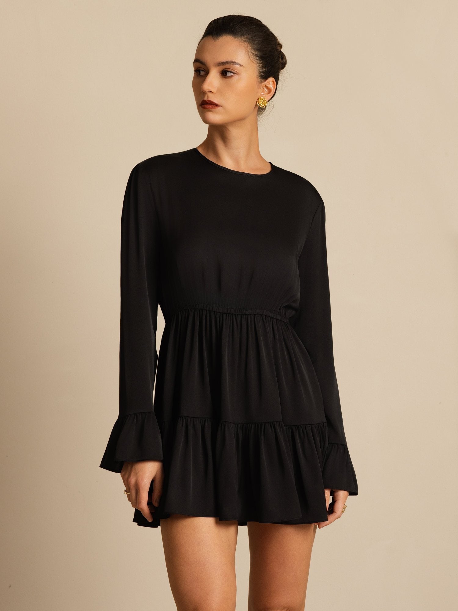 [أسود] SilkSilky-SA 19Momme الحرير الأكمام الطويلة رقبة مستديرة فساتين نسائية 007