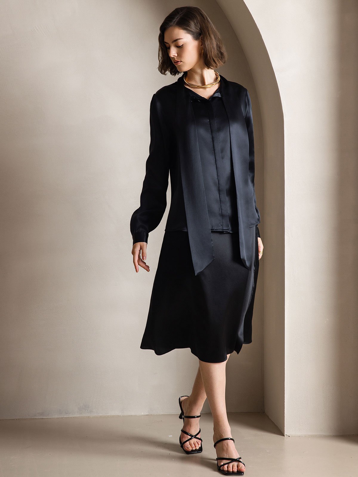 [أسود] SilkSilky-SA 19Momme الحرير الأكمام الطويلة Blouse 001