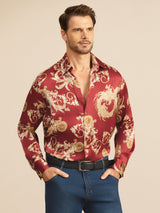 [تنين بلون النبيذ] SilkSilky-SA Long Sleeve Lapel Collar قميص رجالي 003