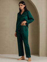 [أخضر غامق] SilkSilky-SA Long Sleeve Lapel Collar طقم بيجامة نسائي 003