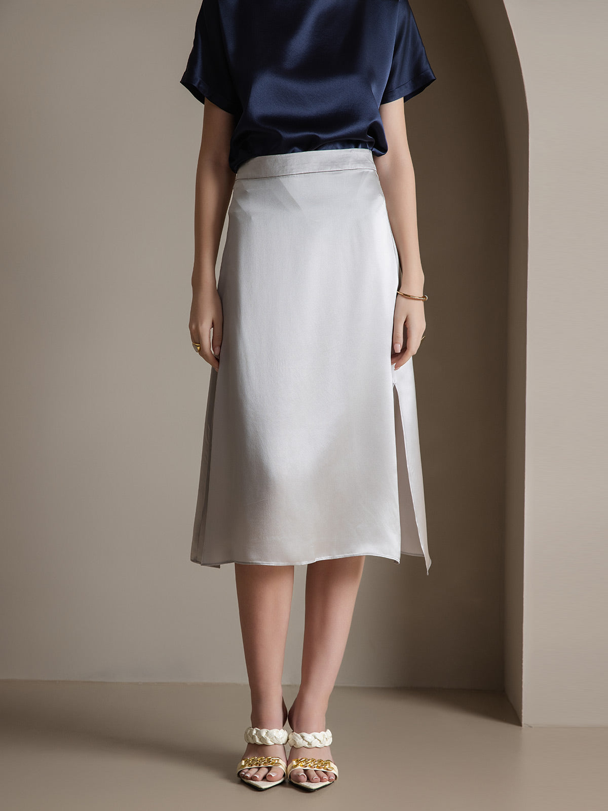 [رمادي فاتح] SilkSilky-SA 19Momme الحرير Skirt 005