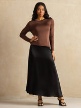 [قهوة] SilkSilky-SA Long Sleeve Crew Neck تي شيرت نسائية 008