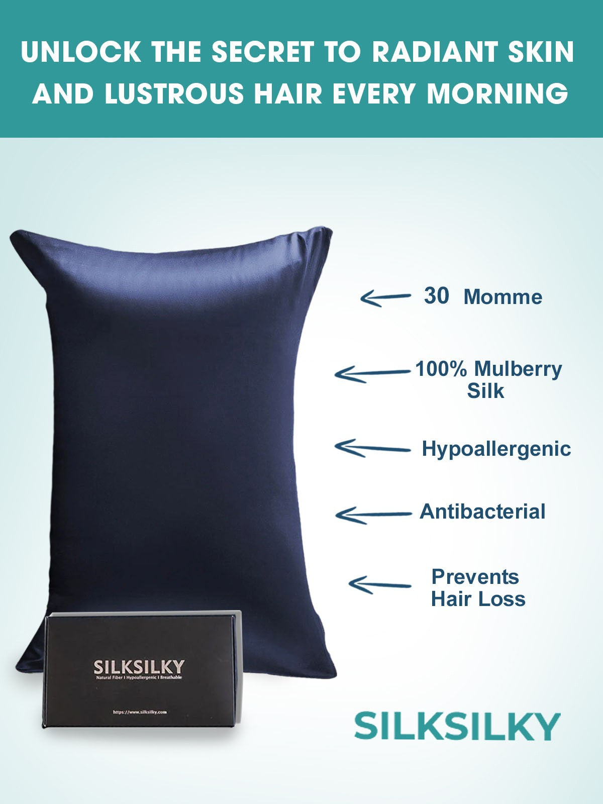 SilkSilky-SA 30Momme الحرير الخالص Pillowcase أزرقغامق 003