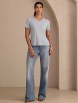 [أزرق رمادي] SilkSilky-SA Short Sleeve V Neck تي شيرت نسائية 006