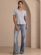[أزرق رمادي] SilkSilky-SA Short Sleeve V Neck تي شيرت نسائية 006