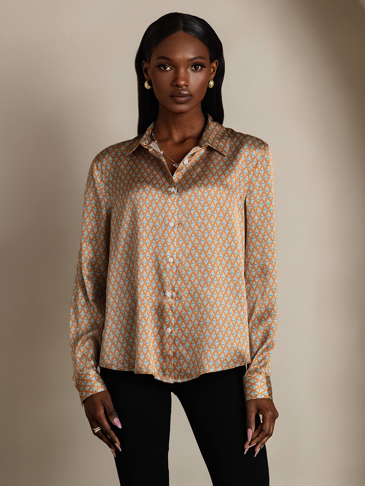 [أنماط زهرية] SilkSilky-SA الحرير الأكمام الطويلة Lapel Collar بلايز نسائية 004