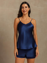 [أزرق غامق] SilkSilky-SA Sleeveless V Neck مجموعة قميص قصير 003
