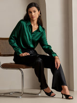 [أخضر غامق] SilkSilky-SA Long Sleeve Lapel Collar بلايز نسائية 001